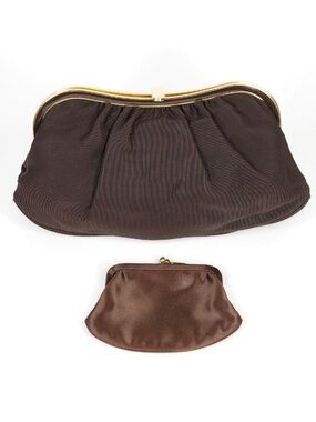 Vintage 50s 60s Brown Fabric Clutch with Coin Purse SET Gold Tone Enameled Frame